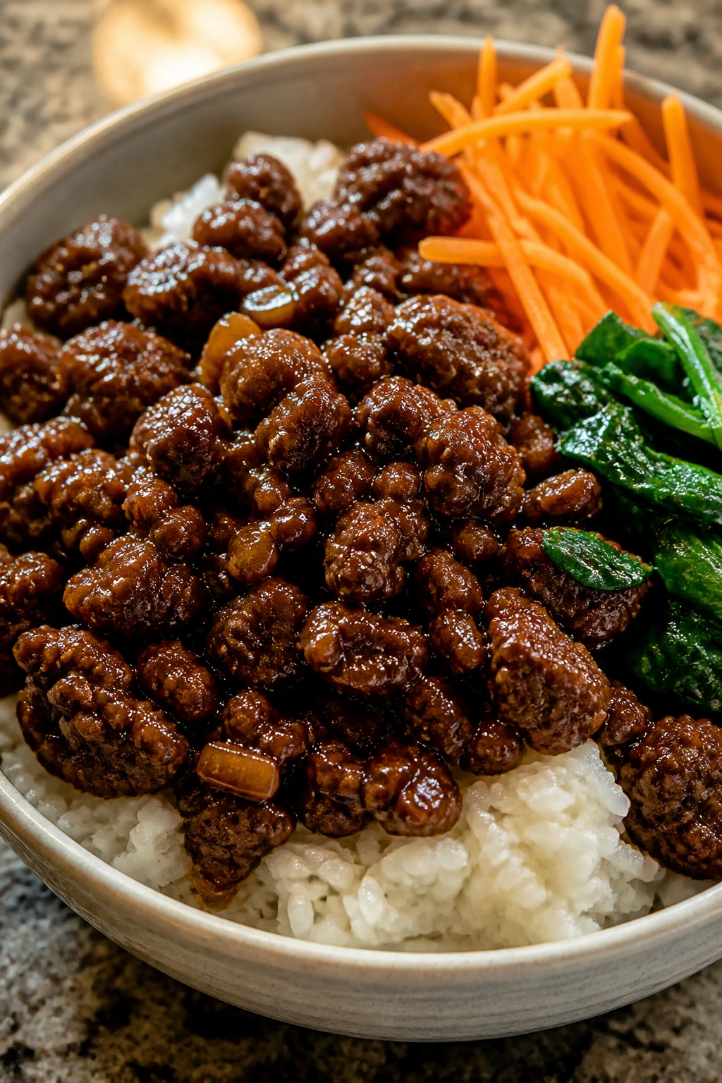Close-up of garlicky Korean beef over rice with vegetables in a home kitchen