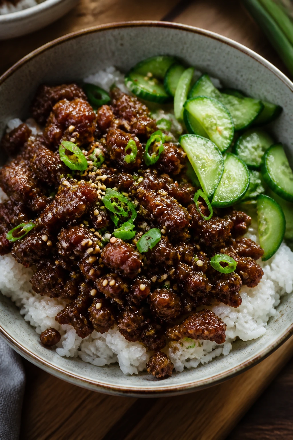 Close-up of Korean beef rice bowl with cucumber and sesame seeds