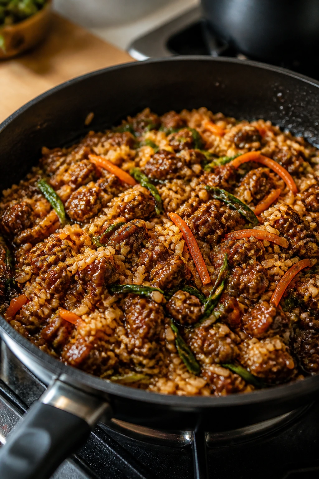 Close-up of Korean Beef and Rice Skillet with glossy sauce, beef, rice, and vegetables