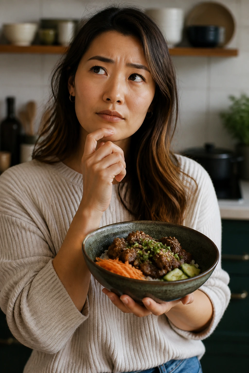 Thoughtful person in a kitchen with a bowl, illustrating questions before making Korean beef bowls