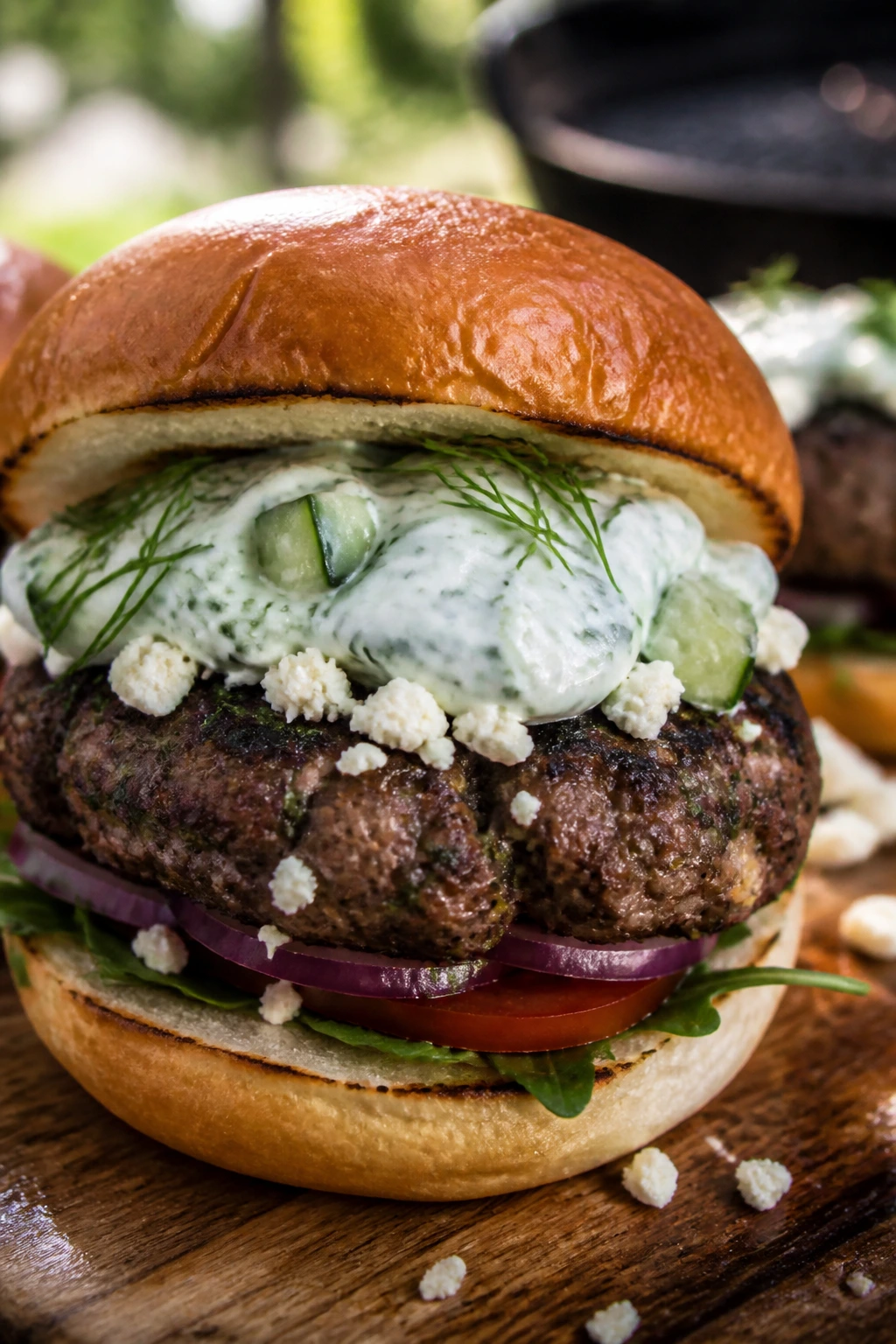 Close-up of a Greek lamb burger with tzatziki on a toasted bun outdoors