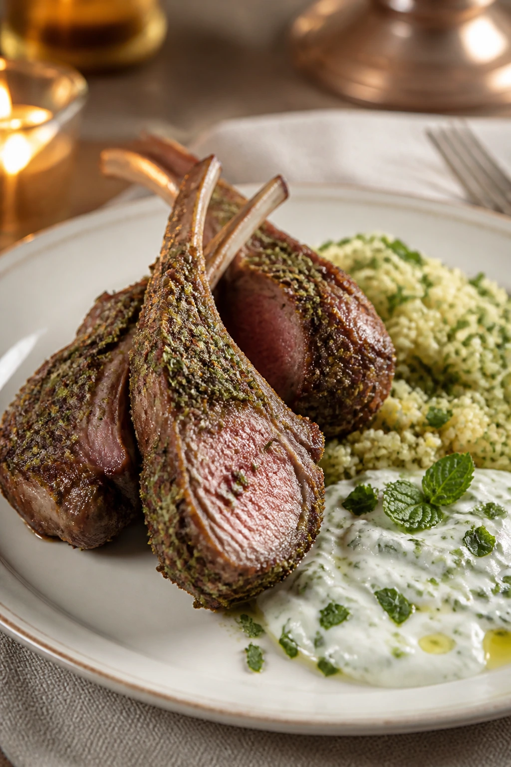 Herb-crusted lamb chops with mint yogurt and couscous on a plate