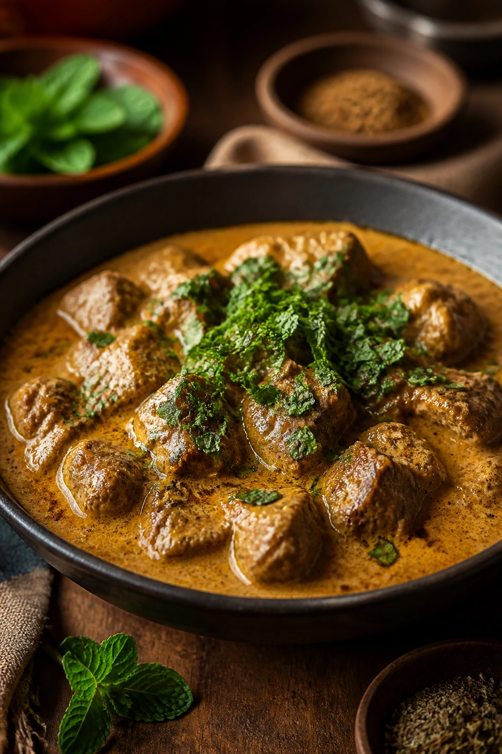Close-up of lamb curry with mint garnish