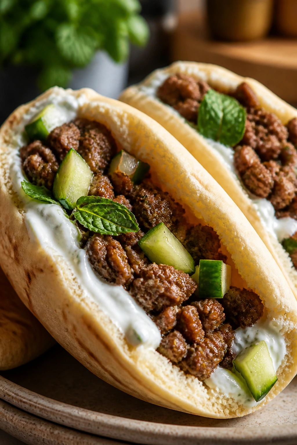 Split pita filled with lamb, mint, and cucumber in a cozy kitchen