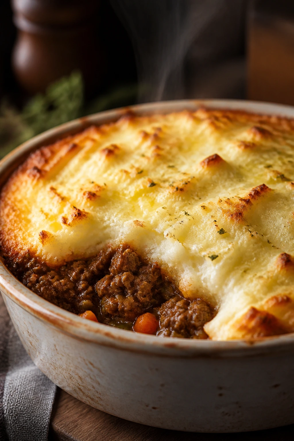 Close-up of a golden shepherd's pie pot pie with mashed potato topping in a rustic dish, steam rising in a cozy kitchen