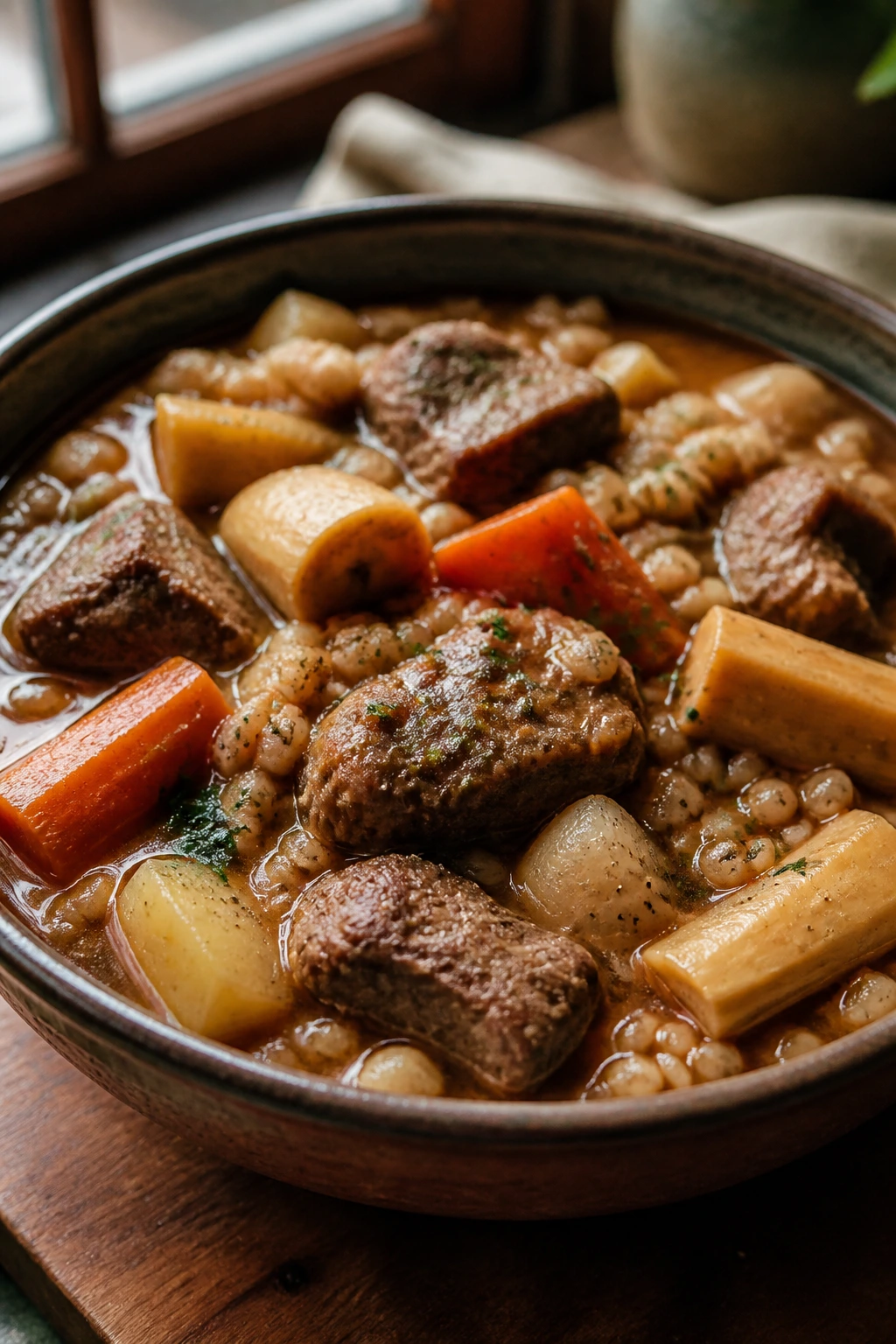 Lamb and root vegetable stew close-up in rustic bowl
