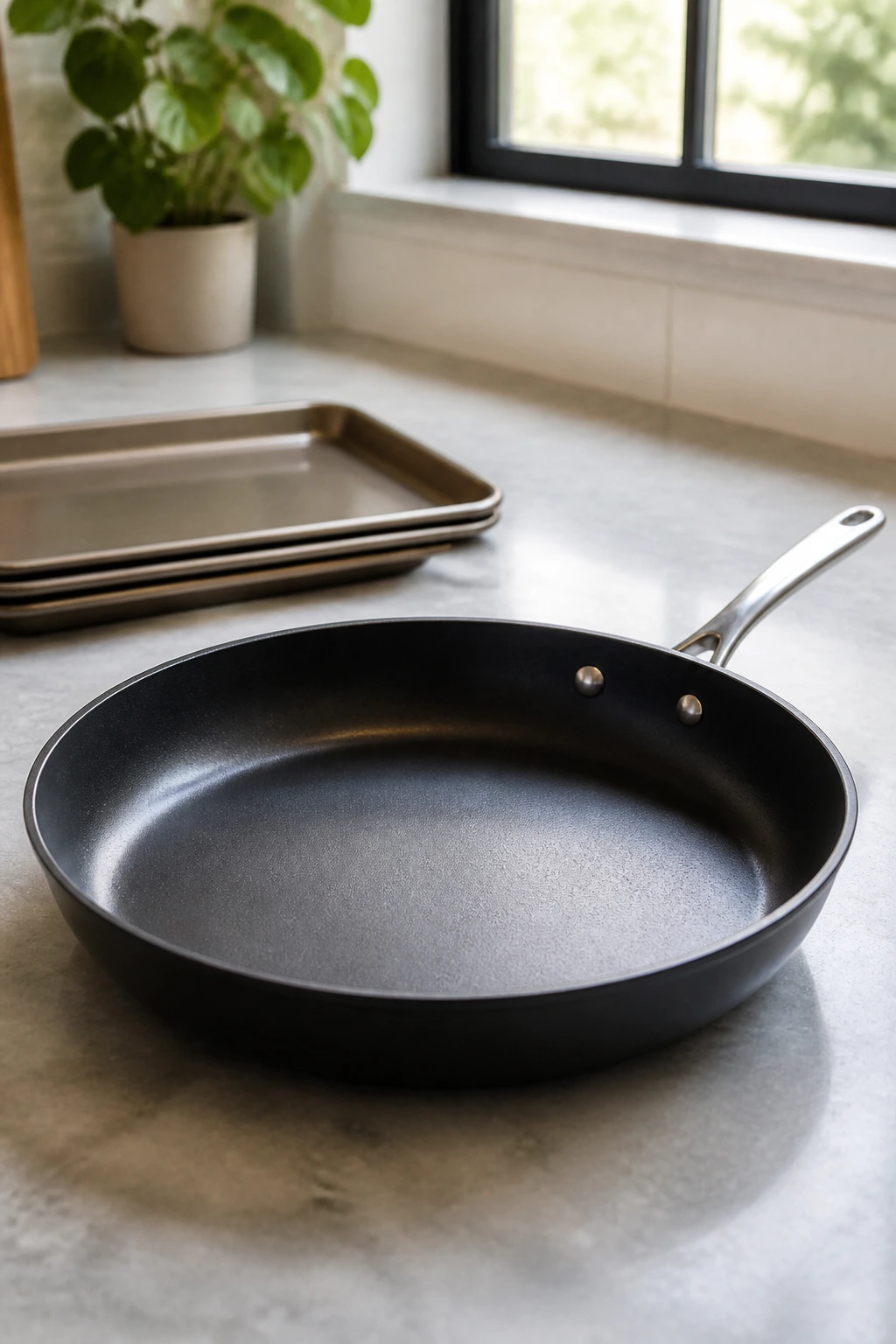 Close-up of a large nonstick skillet on a kitchen counter