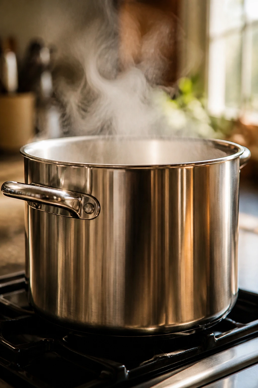 Close-up of a large pot in a warm kitchen with steam, highlighting essential cookware