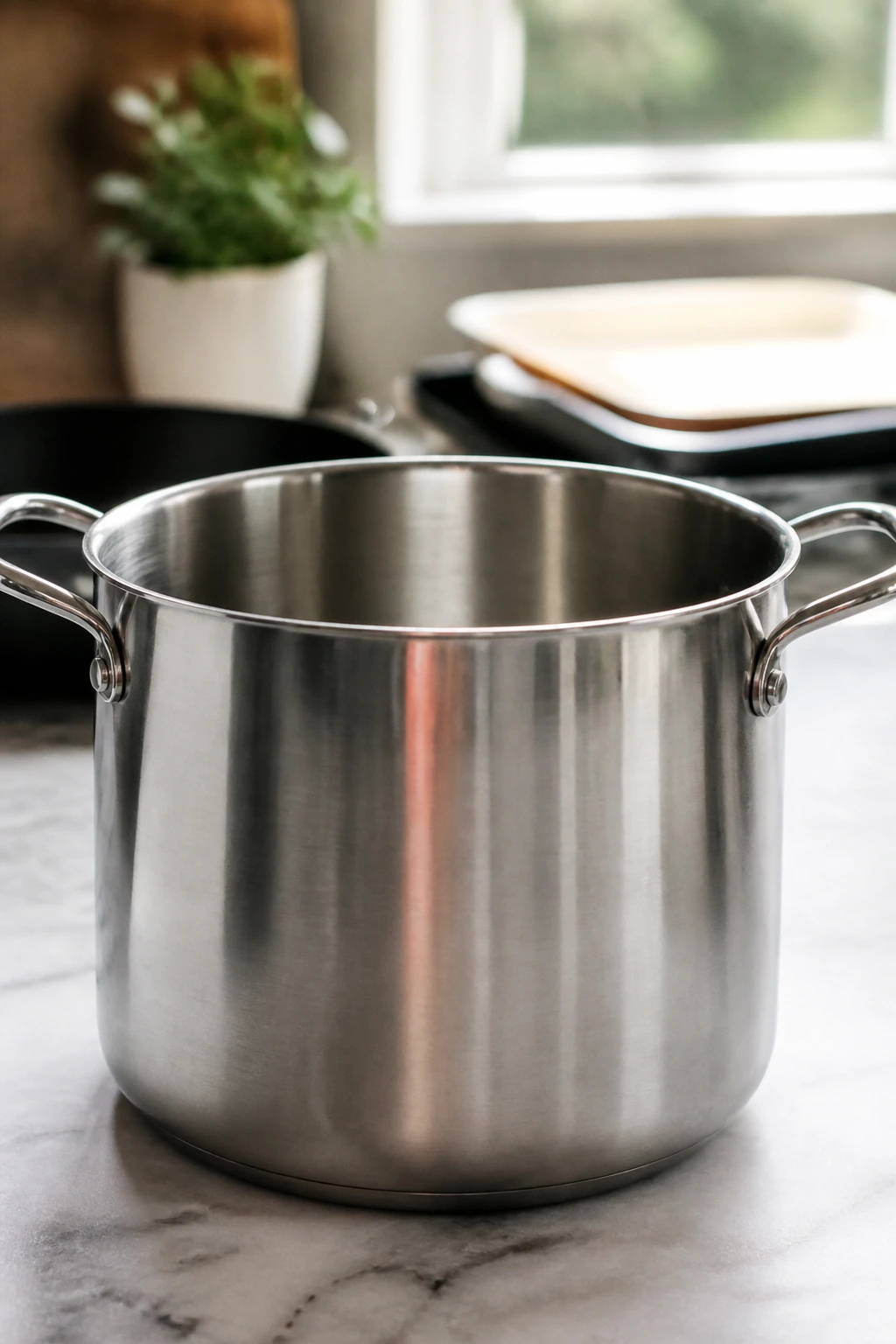 Close-up of a large pot on a kitchen counter.