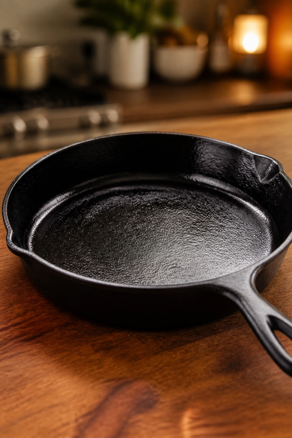 Close-up of a large skillet on a wooden counter in a cozy kitchen