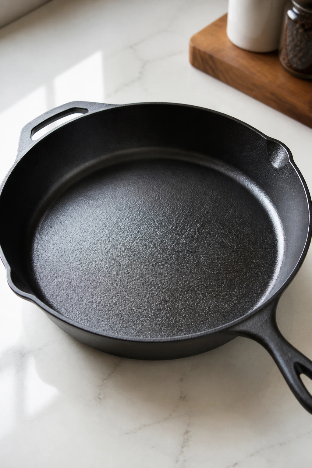 Close-up of a large 12-inch skillet on a kitchen counter