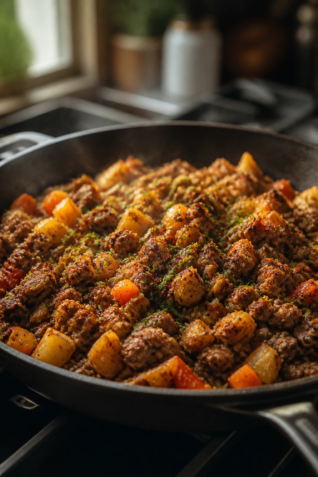 Close-up of a large skillet on a stovetop