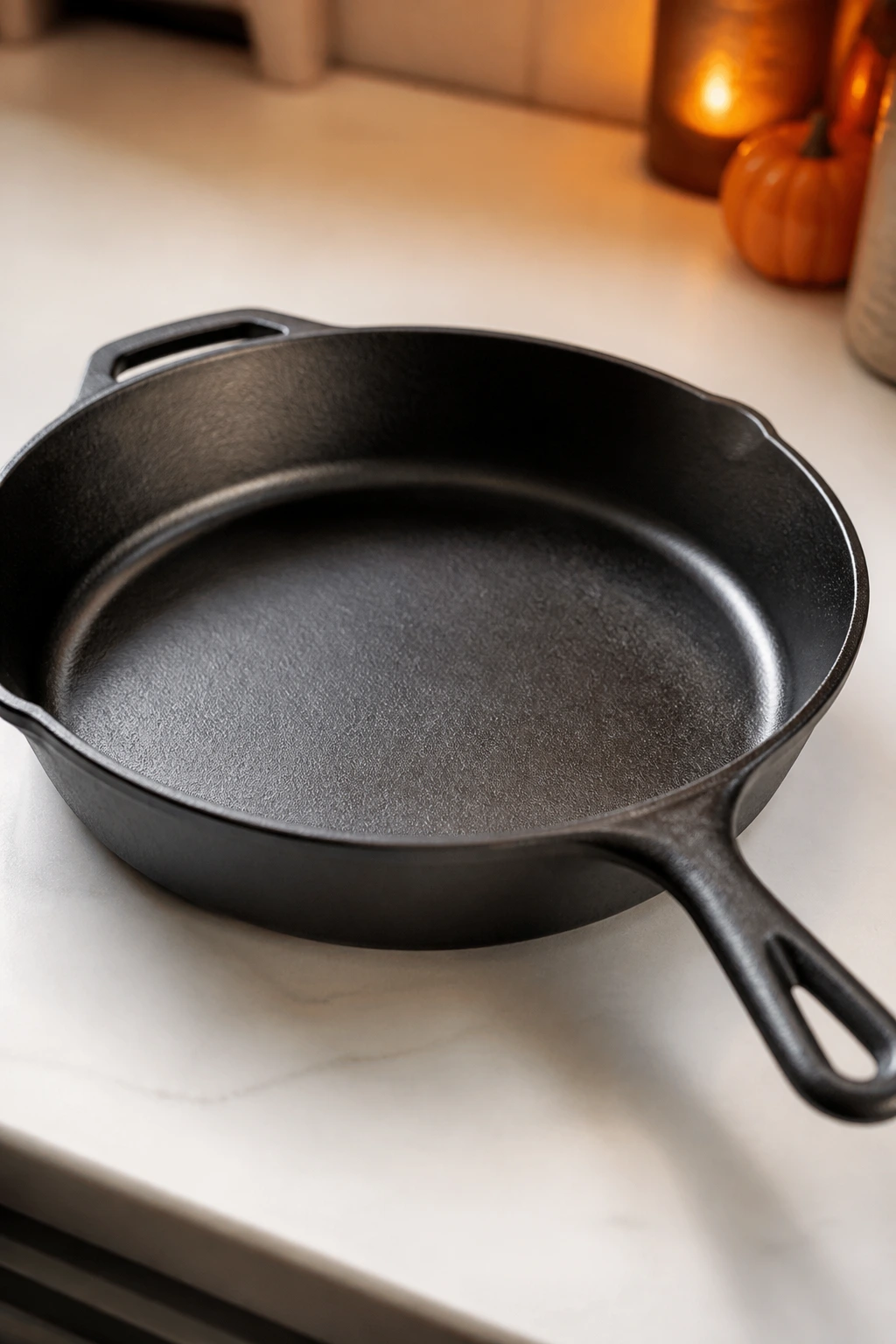 Close-up of a large skillet on a kitchen counter ready for cooking