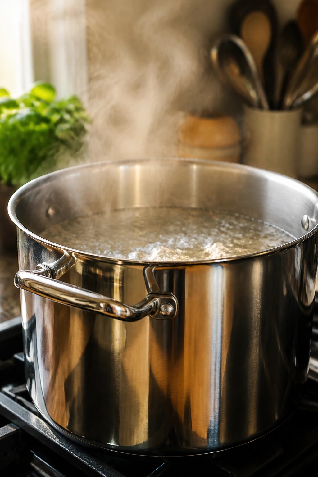 Close-up of a large stockpot on a stove in a cozy kitchen.