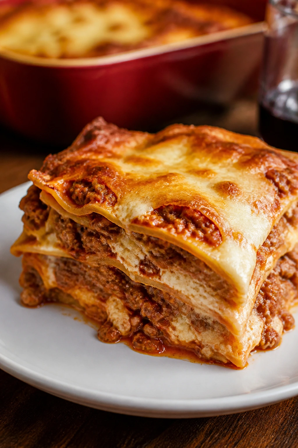 Slice of classic lasagna showcasing layered meat sauce and cheese
