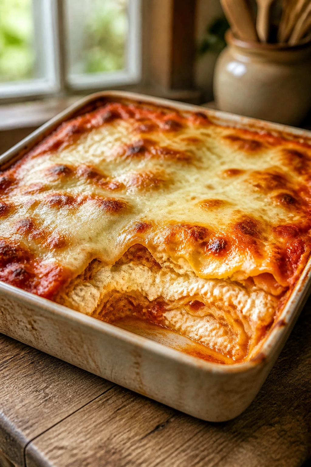 Close-up of bubbling lasagna casserole with cottage cheese layers in a baking pan on a wooden counter