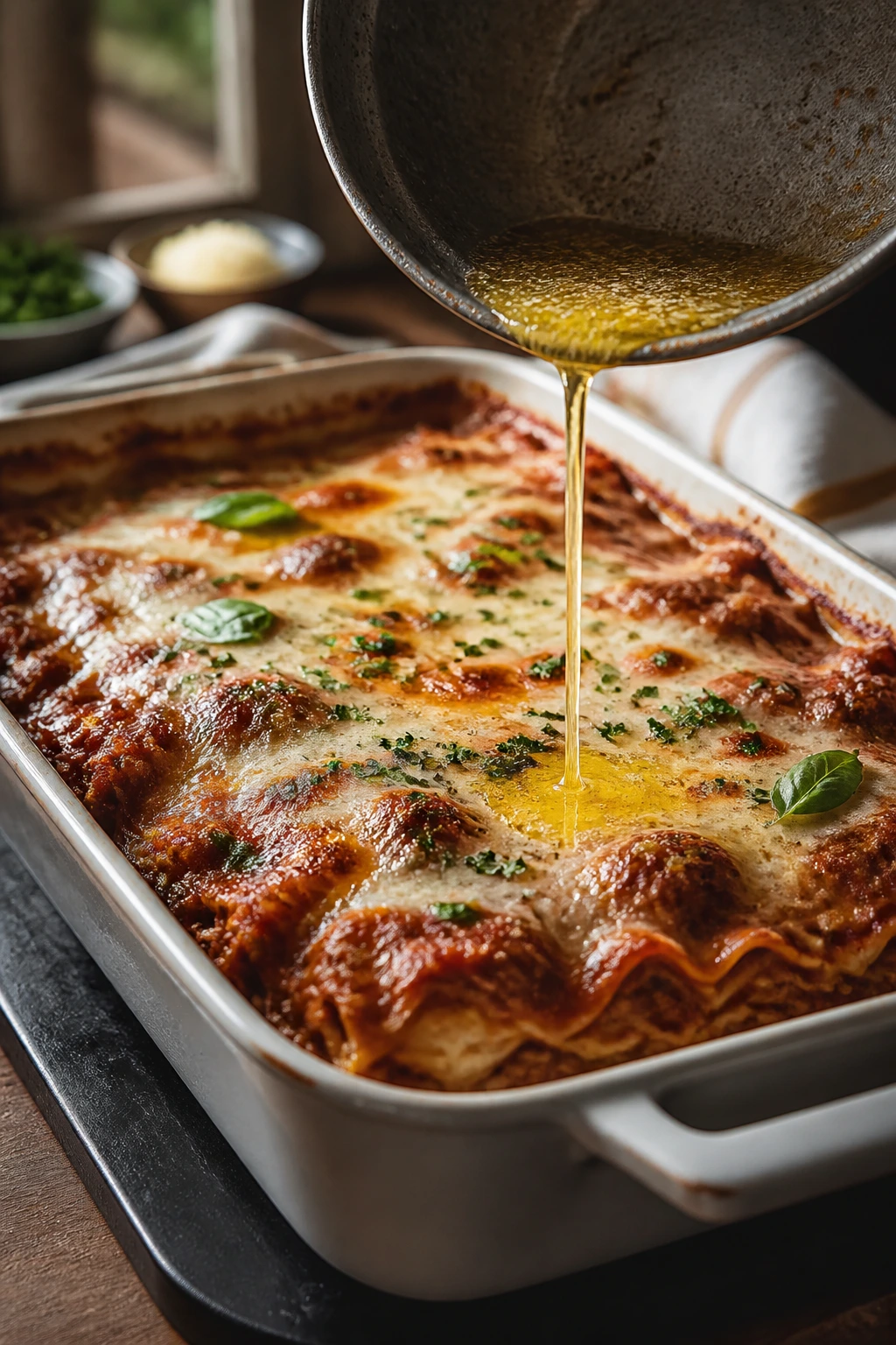 Lasagna surface finished with browned-butter drizzle in a cozy kitchen