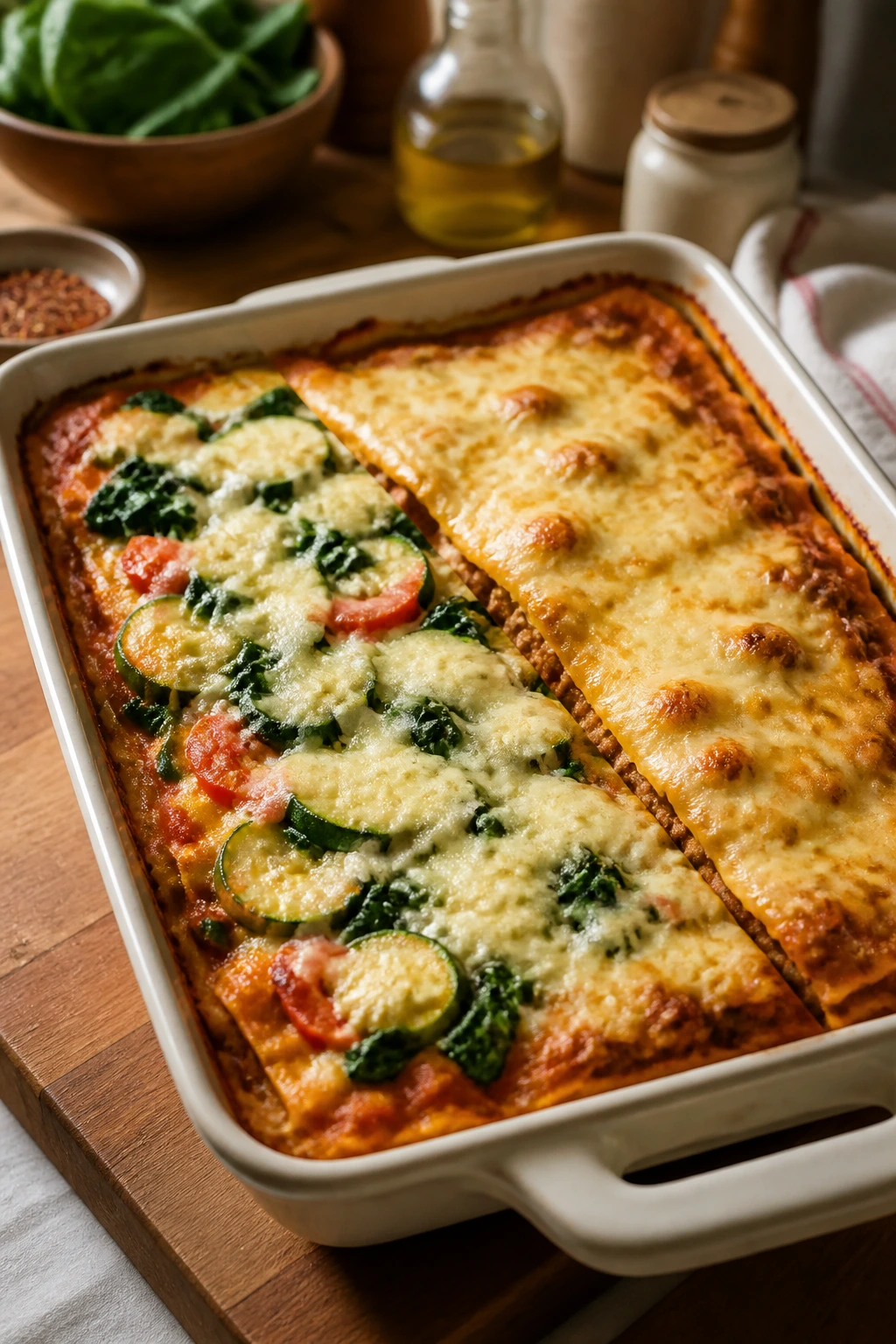 Two-tone lasagna top showing different flavor tweaks
