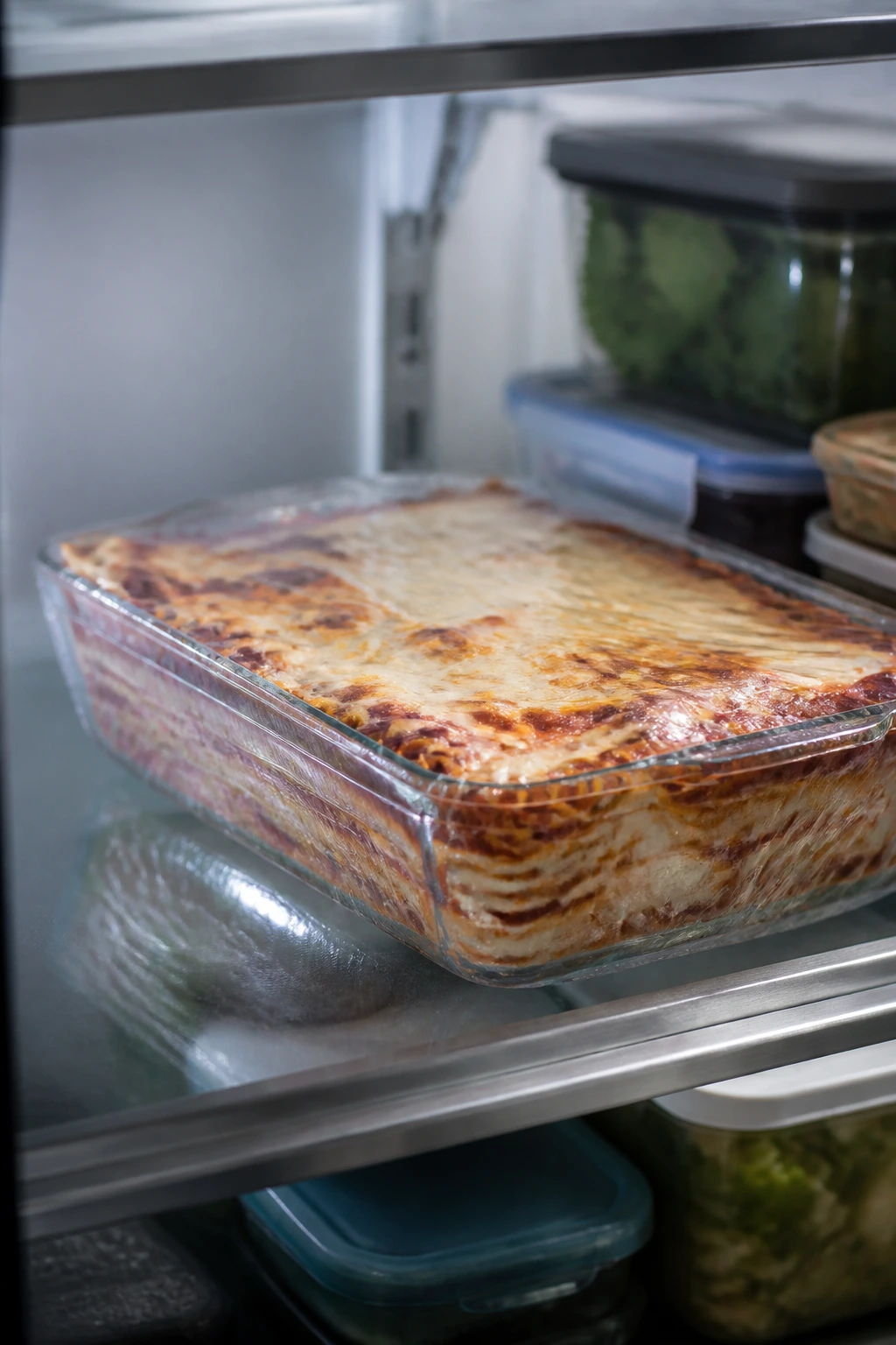 Lasagna pan wrapped for fridge storage on a kitchen shelf