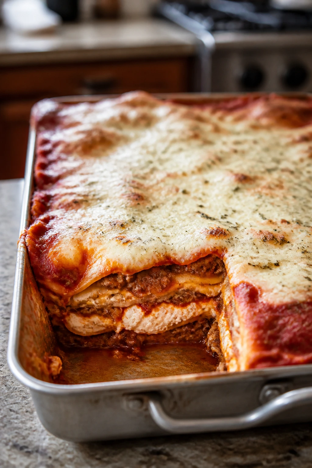 Lasagna in a large baking dish with visible layers and ricotta