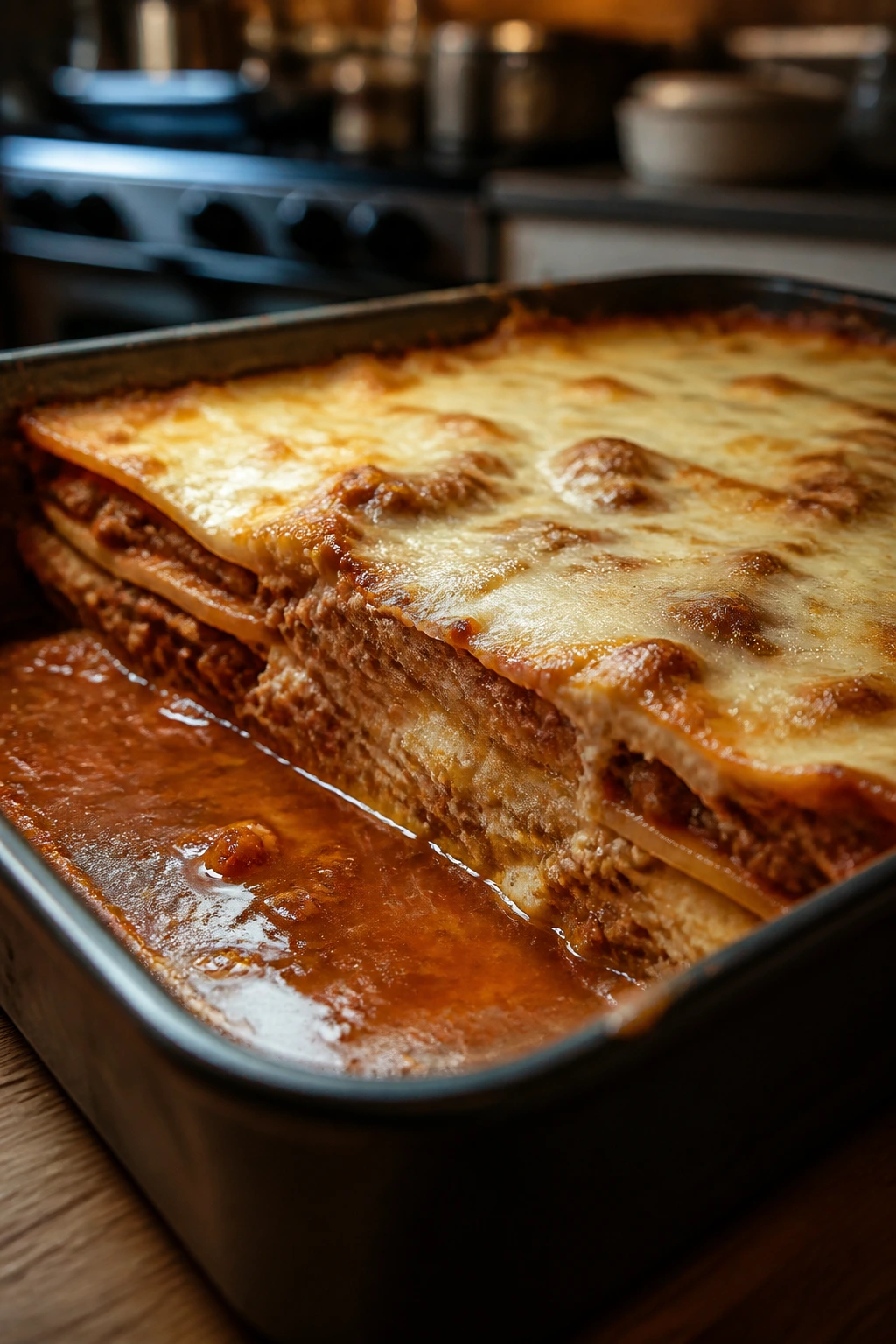 Lasagna with watery edges and a dense center in a pan