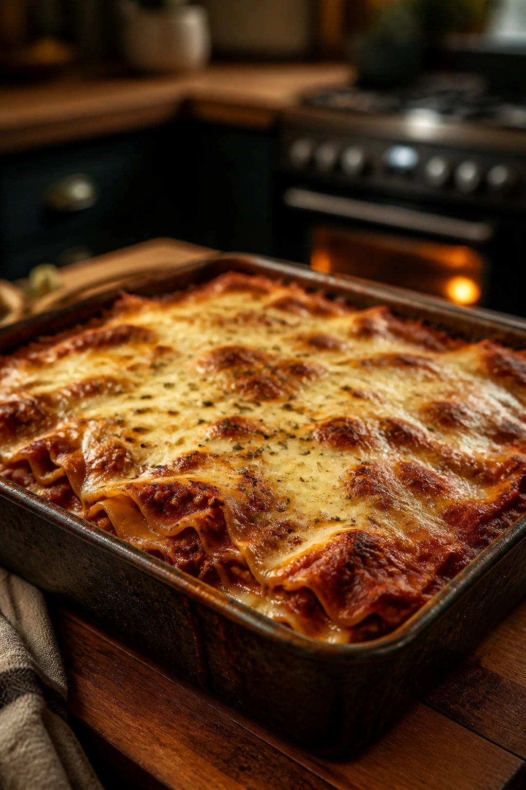 Close-up of bubbling lasagna in a pan on a warm kitchen counter, Sunday dinner vibe