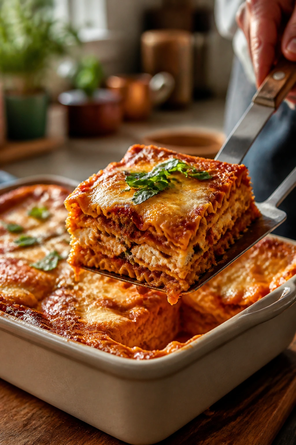 Close-up of a lasagna square plated from a pan with herbs in a cozy kitchen