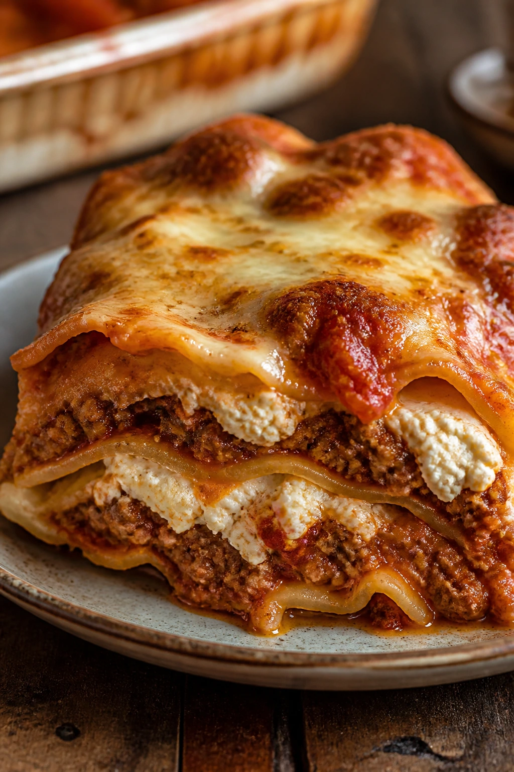 Close-up of a lasagna slice with visible layers and melted cheese