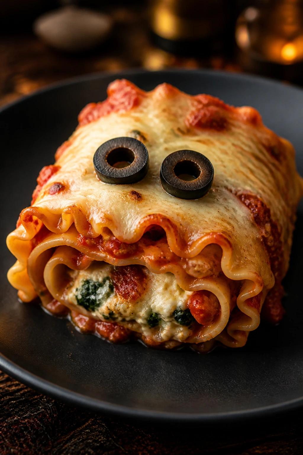 Close-up of a haunted lasagna roll with olive eyes on a dark plate