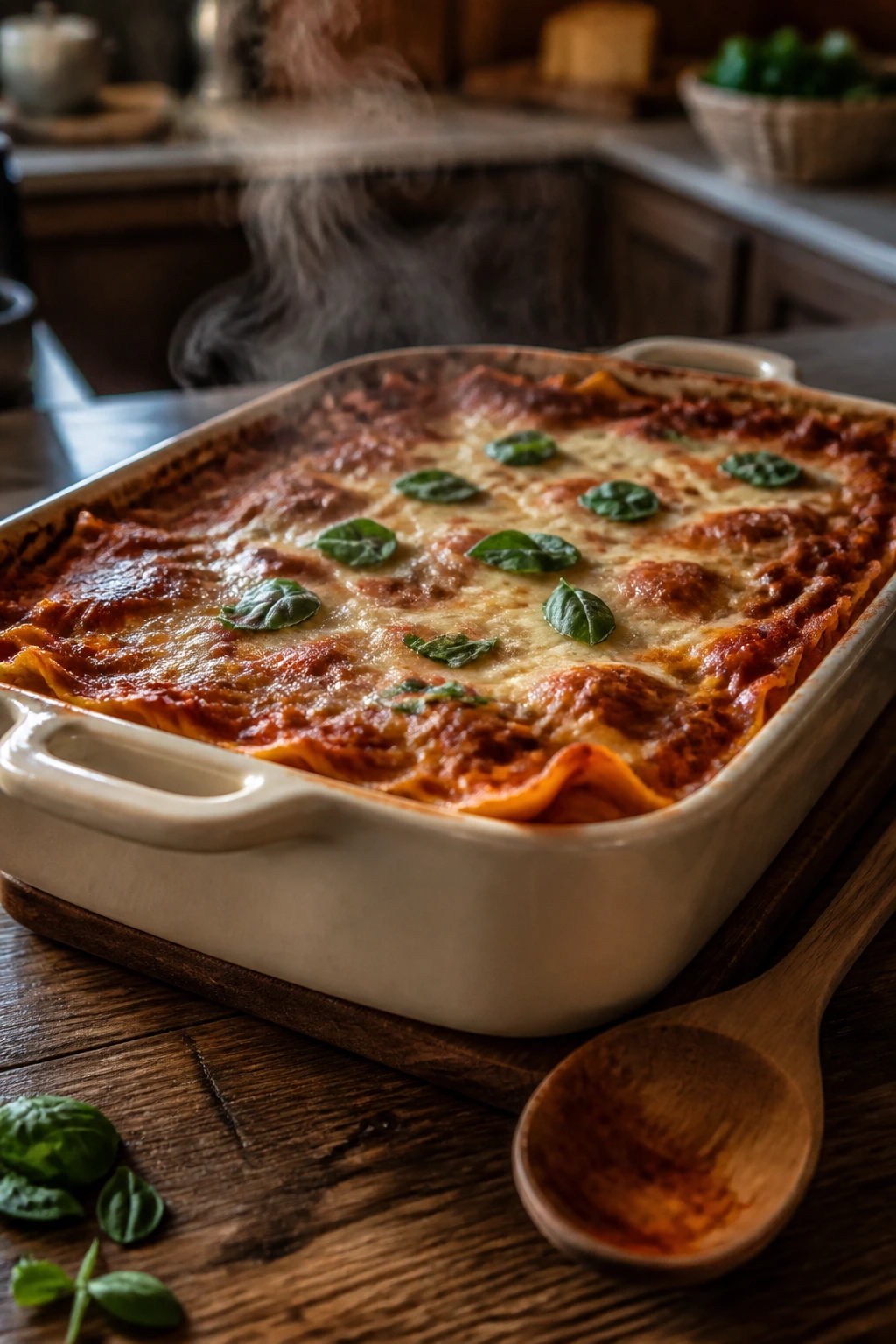 Lasagna in baking dish ready to serve on a wooden table