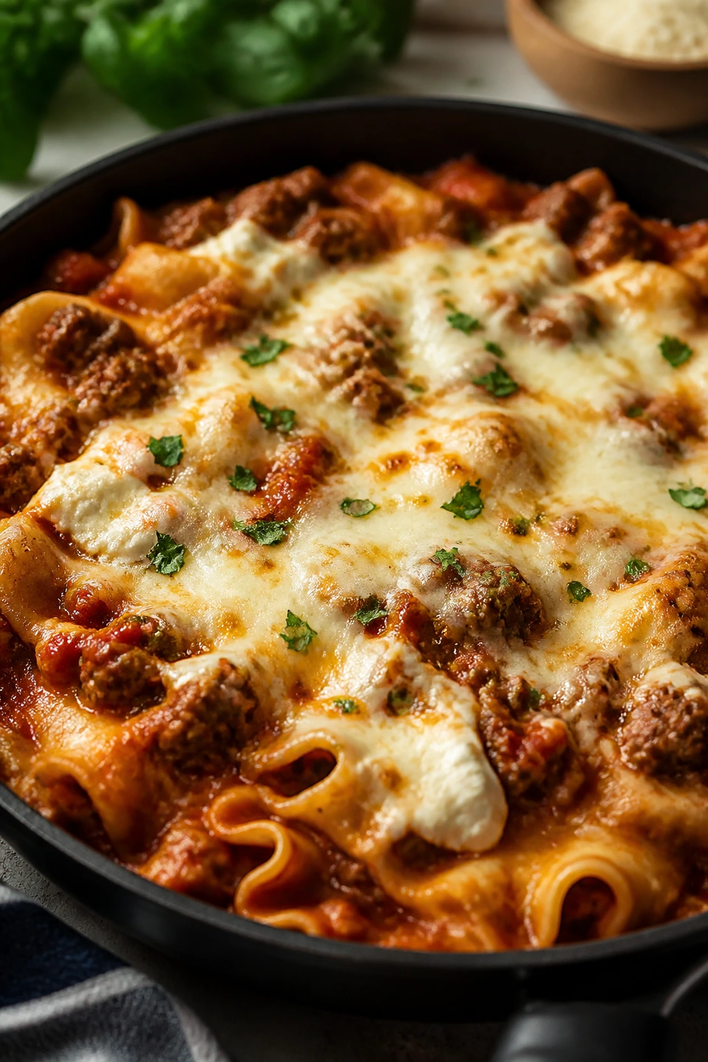 Skillet lasagna with noodles and melted cheese