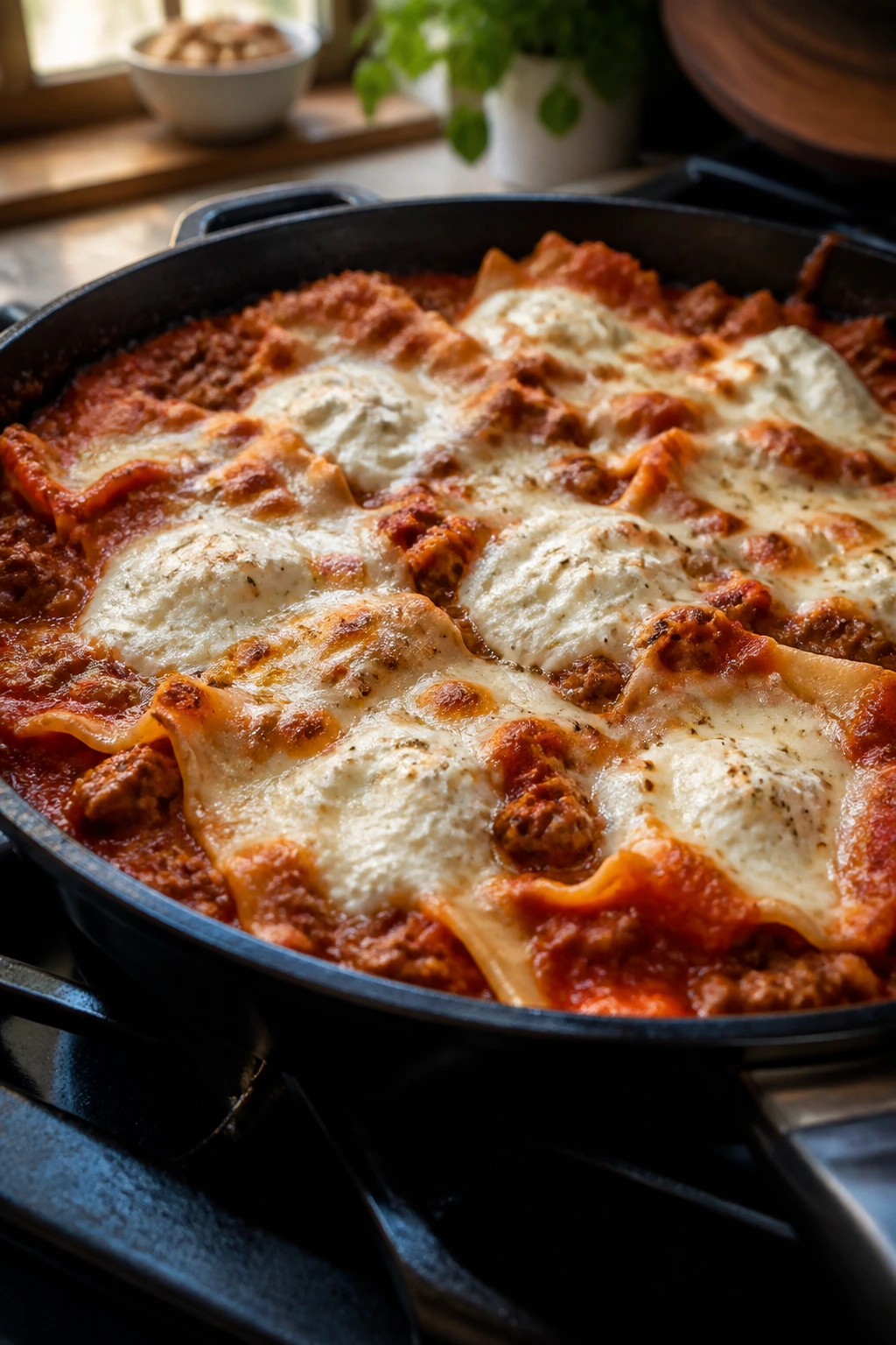 Close-up of Lasagna Skillet with noodles, ricotta, and mozzarella in tomato sauce