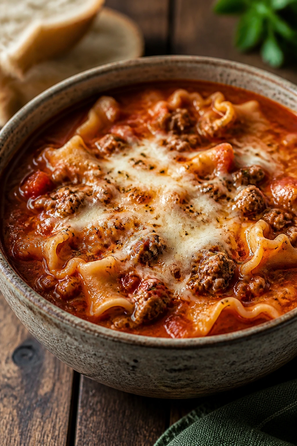 Steaming lasagna soup in a bowl with cheese on top