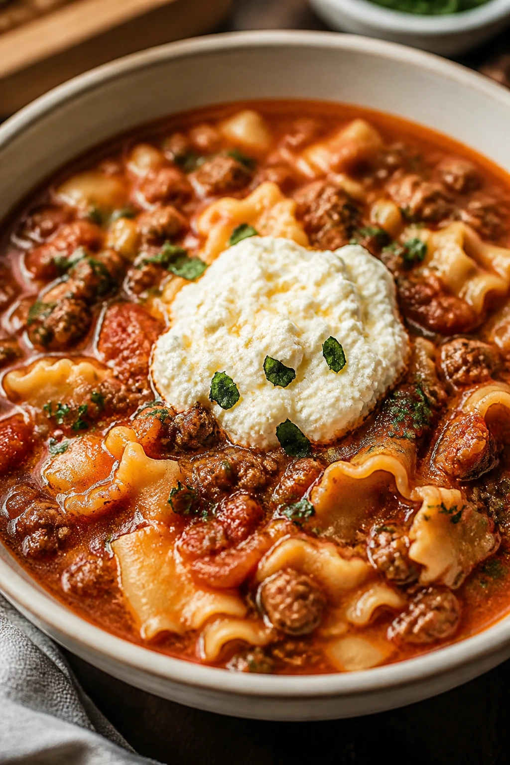 Lasagna soup with noodles and ricotta in a bowl