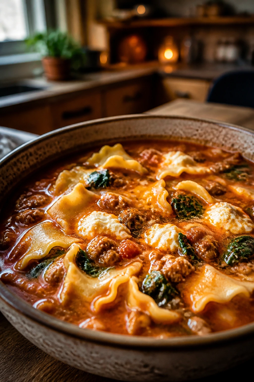 Medium-close bowl of lasagna soup with beef and spinach in a cozy kitchen