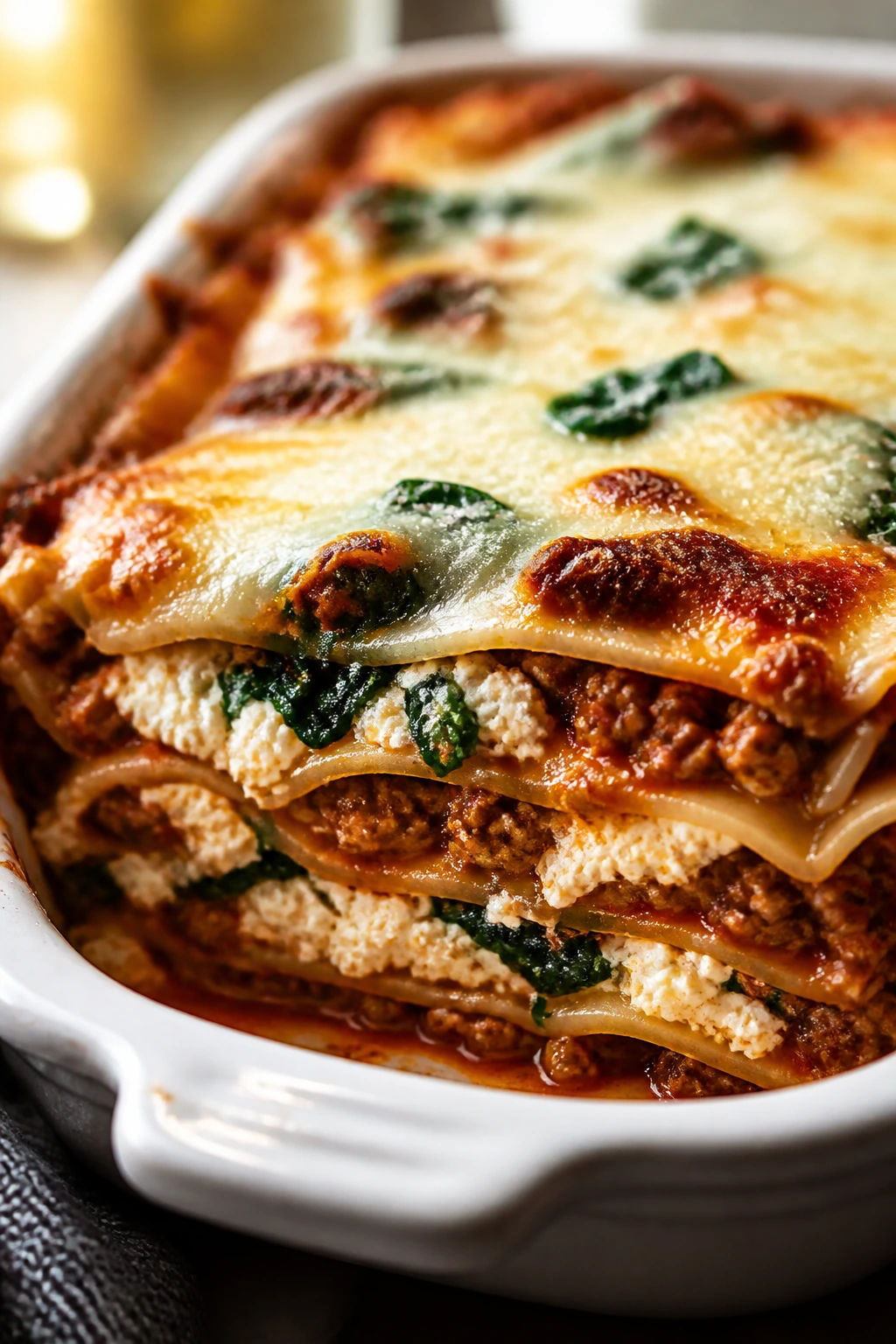 Close-up of lasagna-style layered pasta bake with ricotta and mozzarella