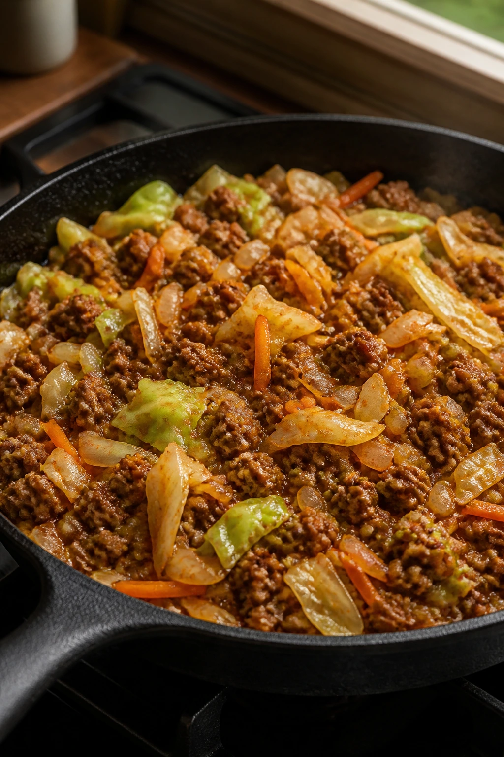 Close-up of beef and cabbage skillet in cast-iron pan on stove