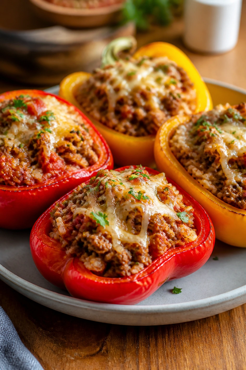 Close-up of lean beef stuffed bell pepper on plate in kitchen