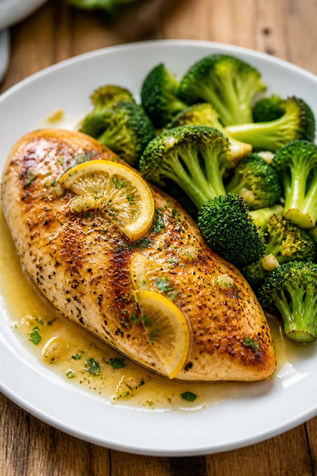 Close-up of a high-protein lemon garlic chicken and broccoli dinner plate filling the frame