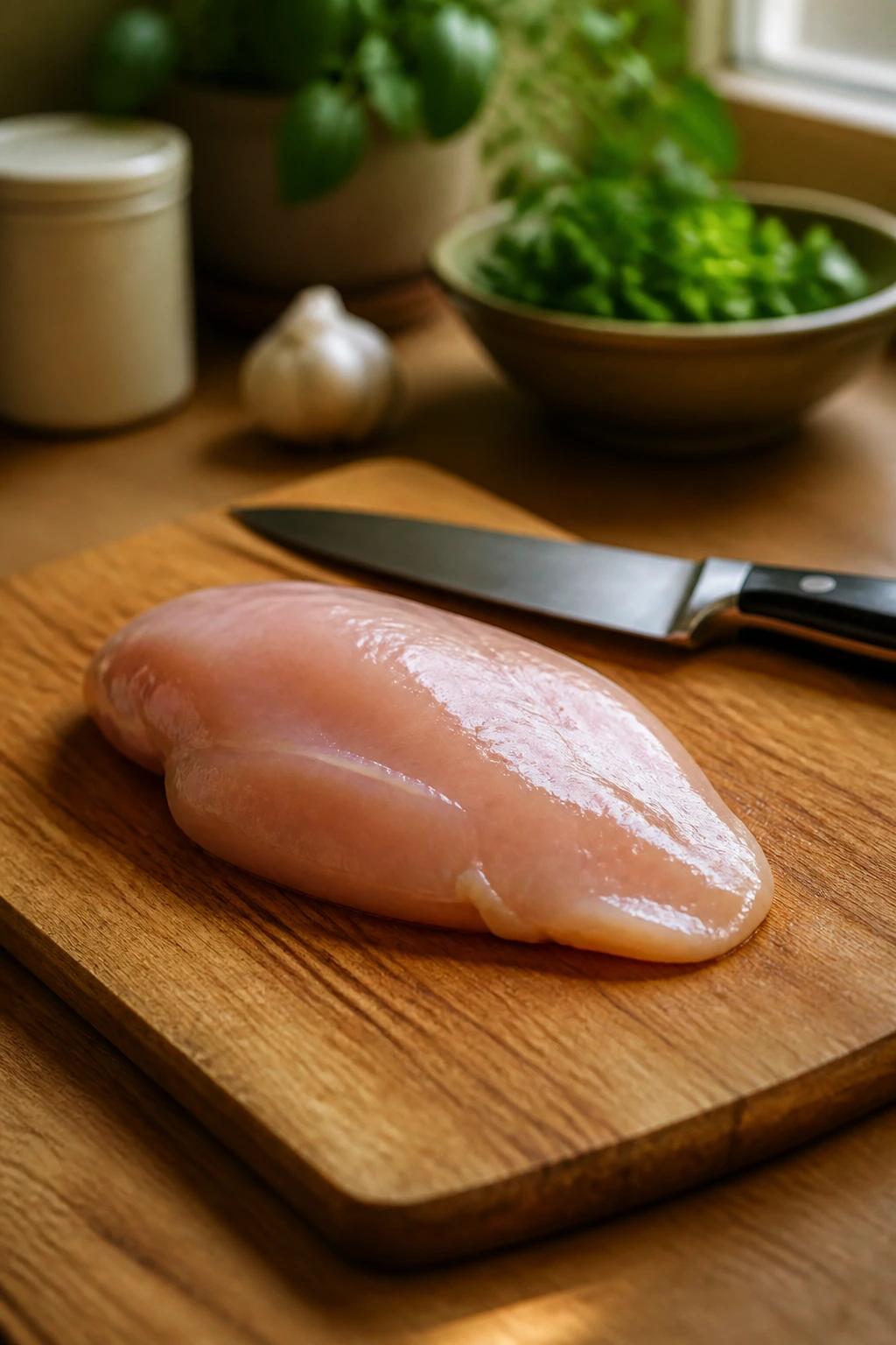 Raw chicken breast on cutting board with knife