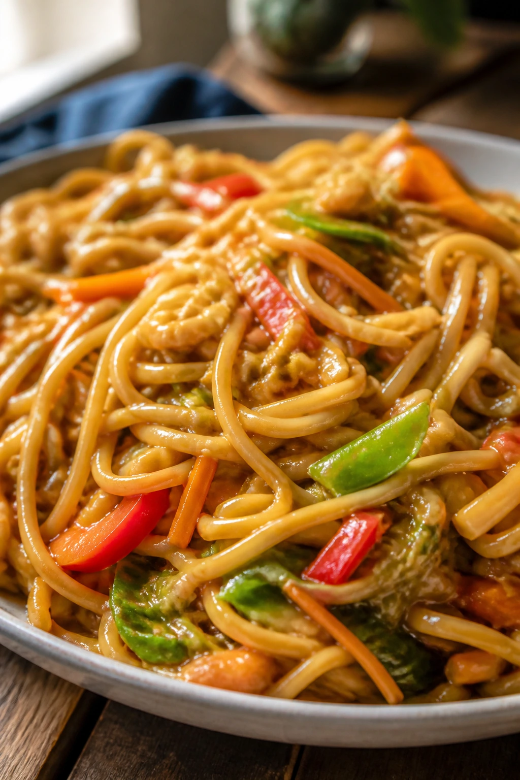 Close-up of leftover noodles with peanut sauce and vegetables in a warm kitchen