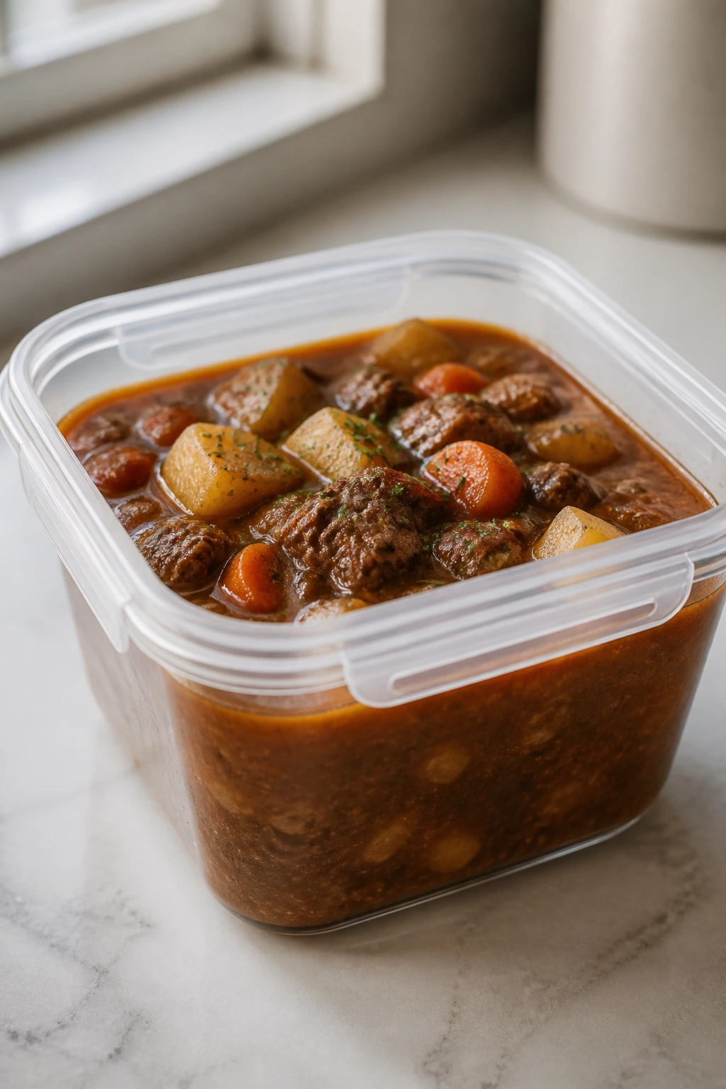 Airtight container with thick stew on a kitchen counter