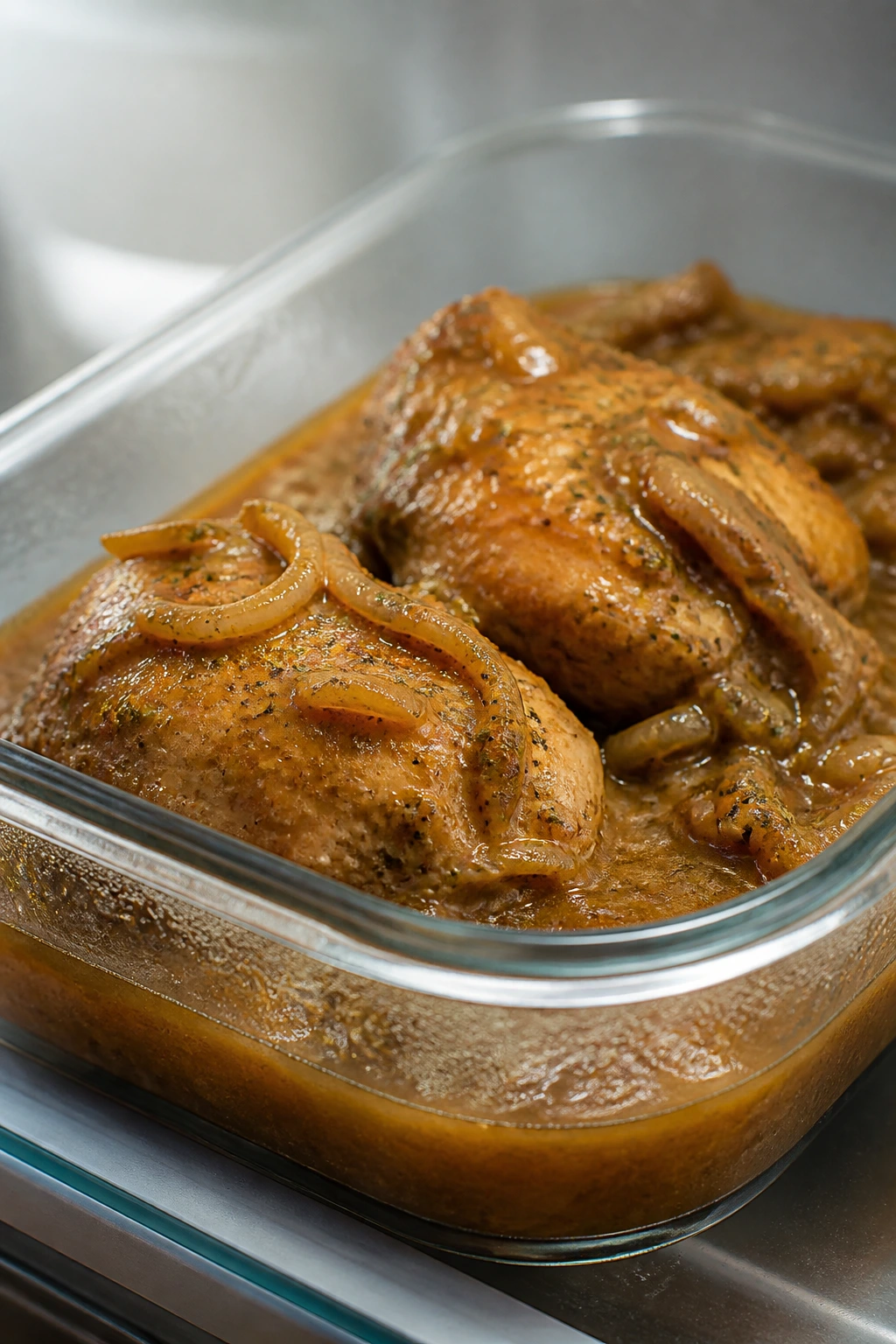 Leftover smothered chicken in a glass container with glossy sauce