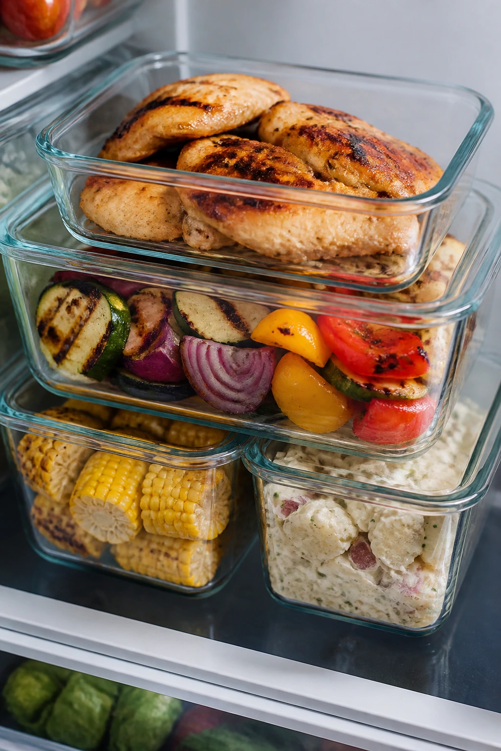 Glass storage containers with leftovers neatly stored on a kitchen counter