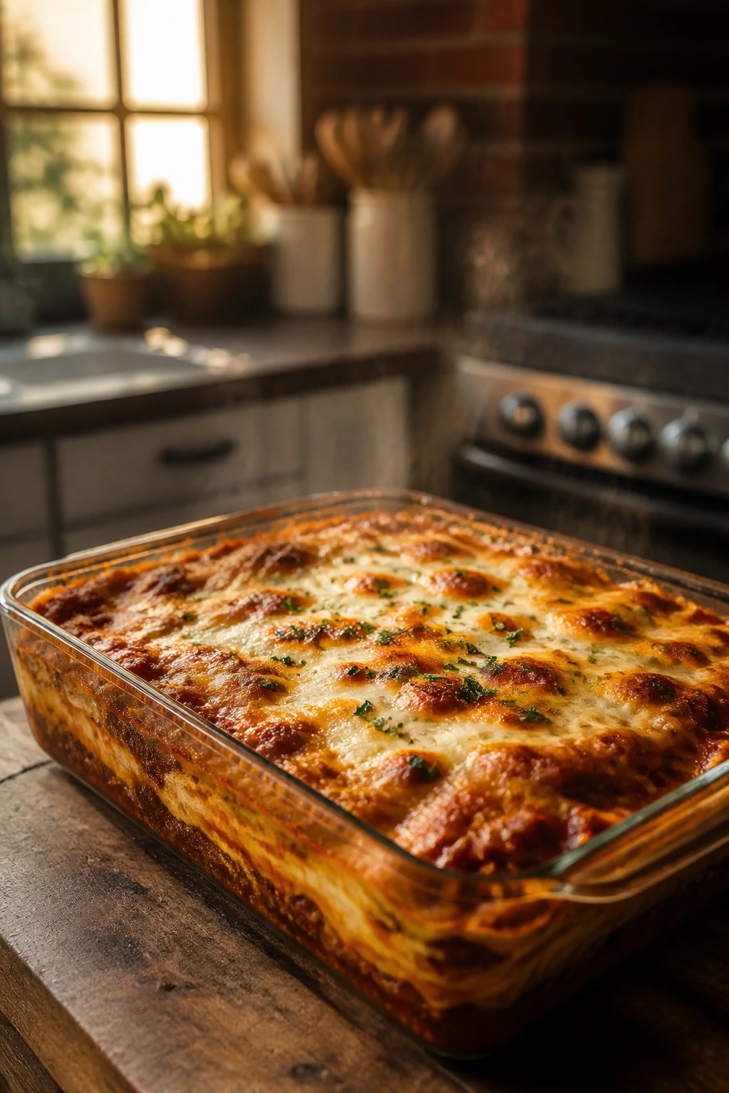 Close-up of a large lasagna pan on a wooden kitchen island with steam rising