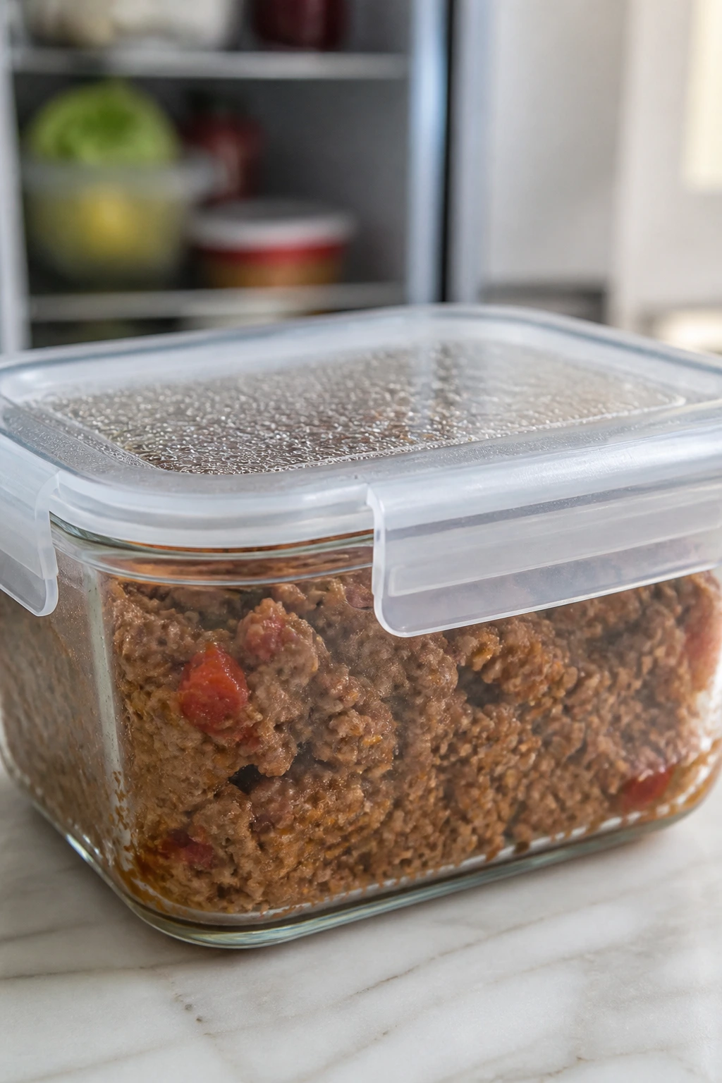 A glass airtight container with beef filling ready for storage in a kitchen