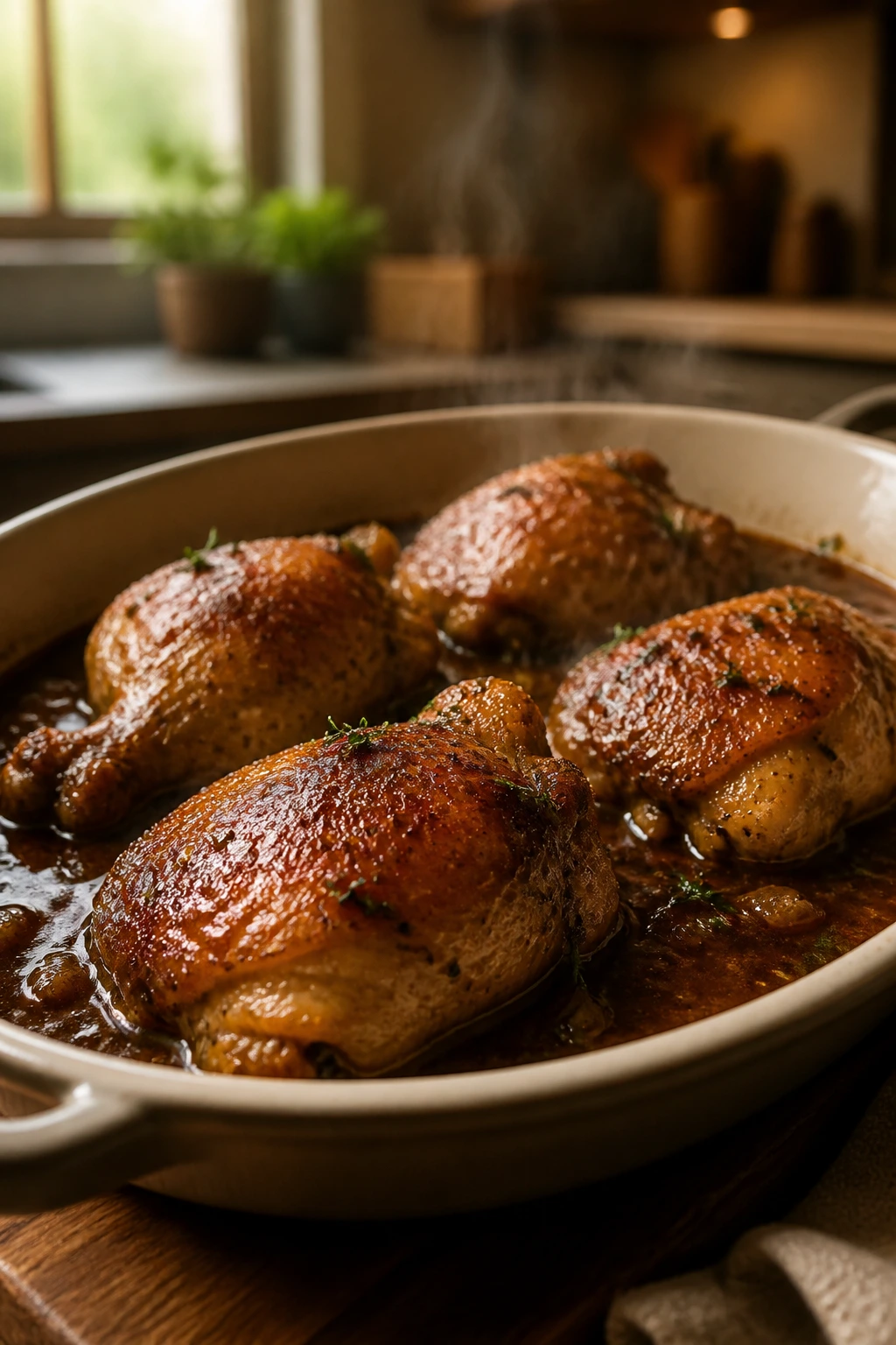 Braised chicken thighs in a glossy sauce, steaming in a dish for reheating