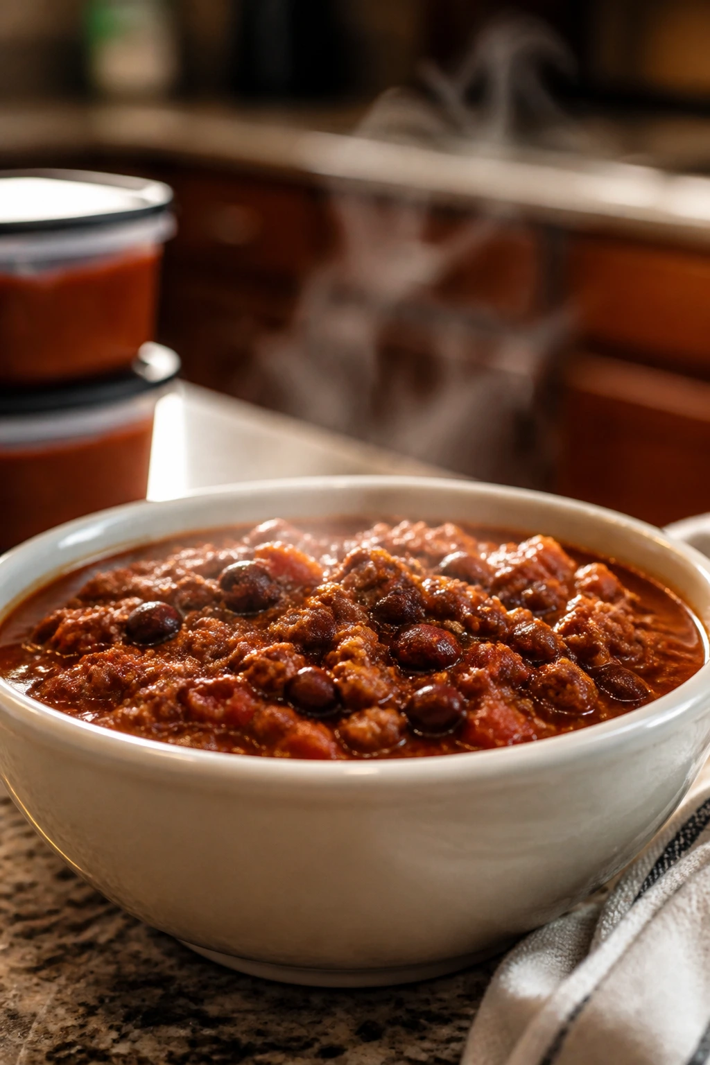 Bowl of chili on kitchen counter with steam