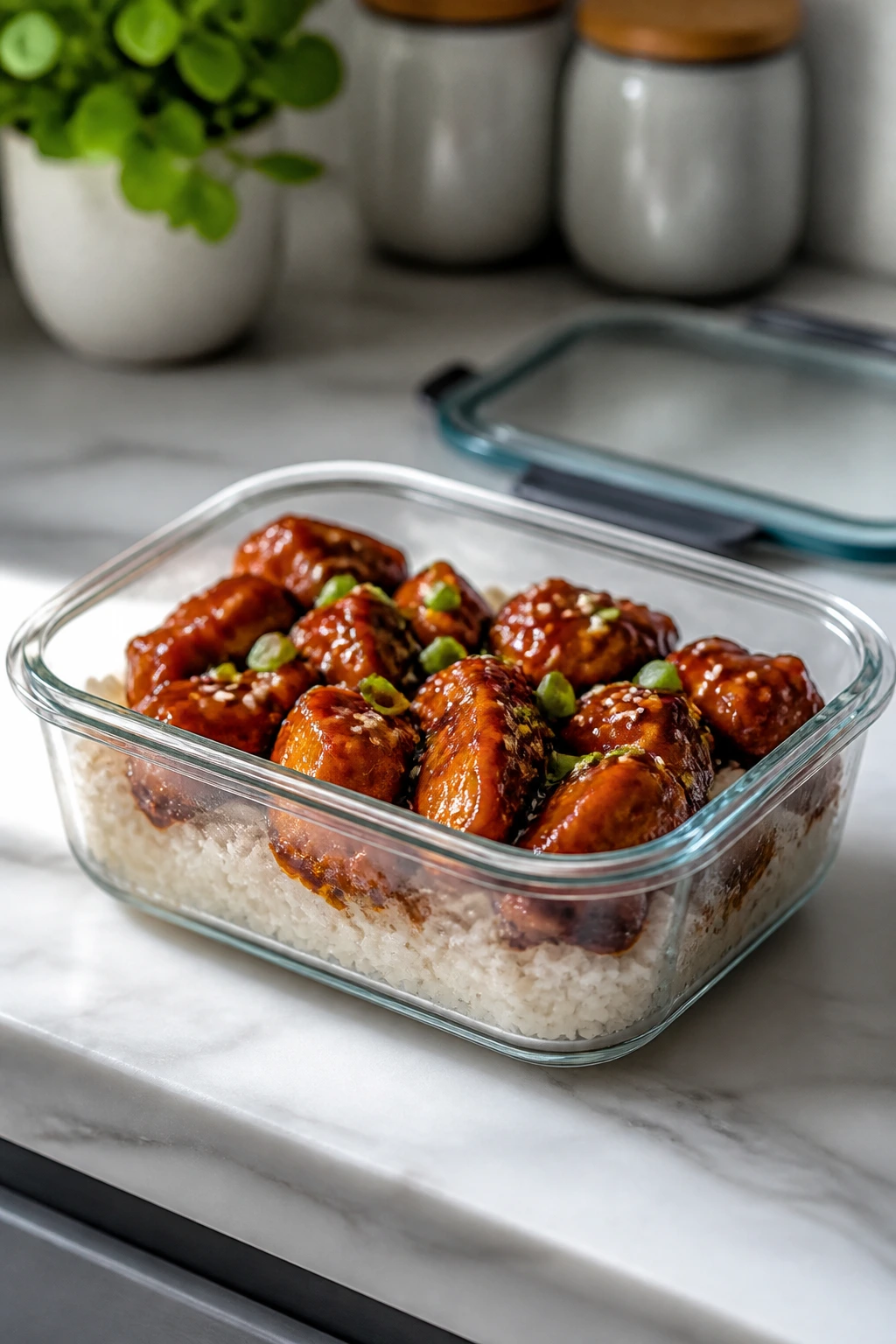 Airtight container with teriyaki chicken and rice for storage