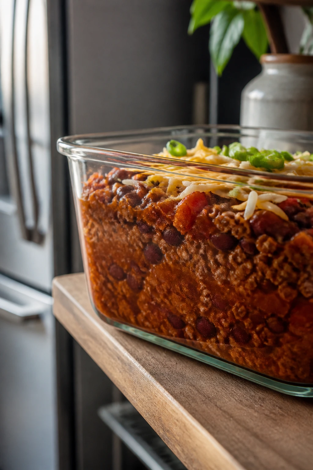 Glass container of chili showing texture for leftovers.